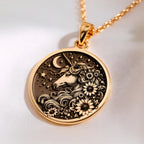 Magic Unicorn Floral Charm Pendant Necklaces 14K 14K Gold Plated pendant necklace featuring a horse face surrounded by floral wreath and stars.