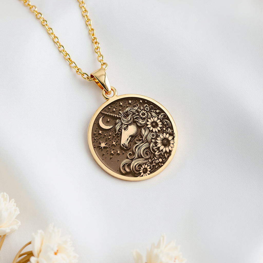 14K 14K Gold Plated Magic Unicorn Floral Charm Pendant Necklaces Gold-toned pendant necklace featuring a unicorn face with stars and crescent moon design.