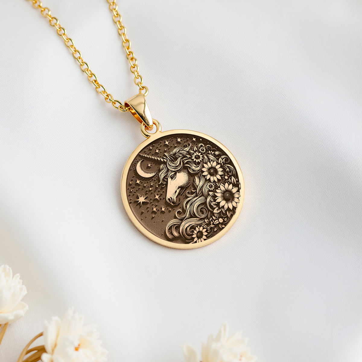 14K 14K Gold Plated Magic Unicorn Floral Charm Pendant Necklaces Gold-toned pendant necklace featuring a unicorn face with stars and crescent moon design.