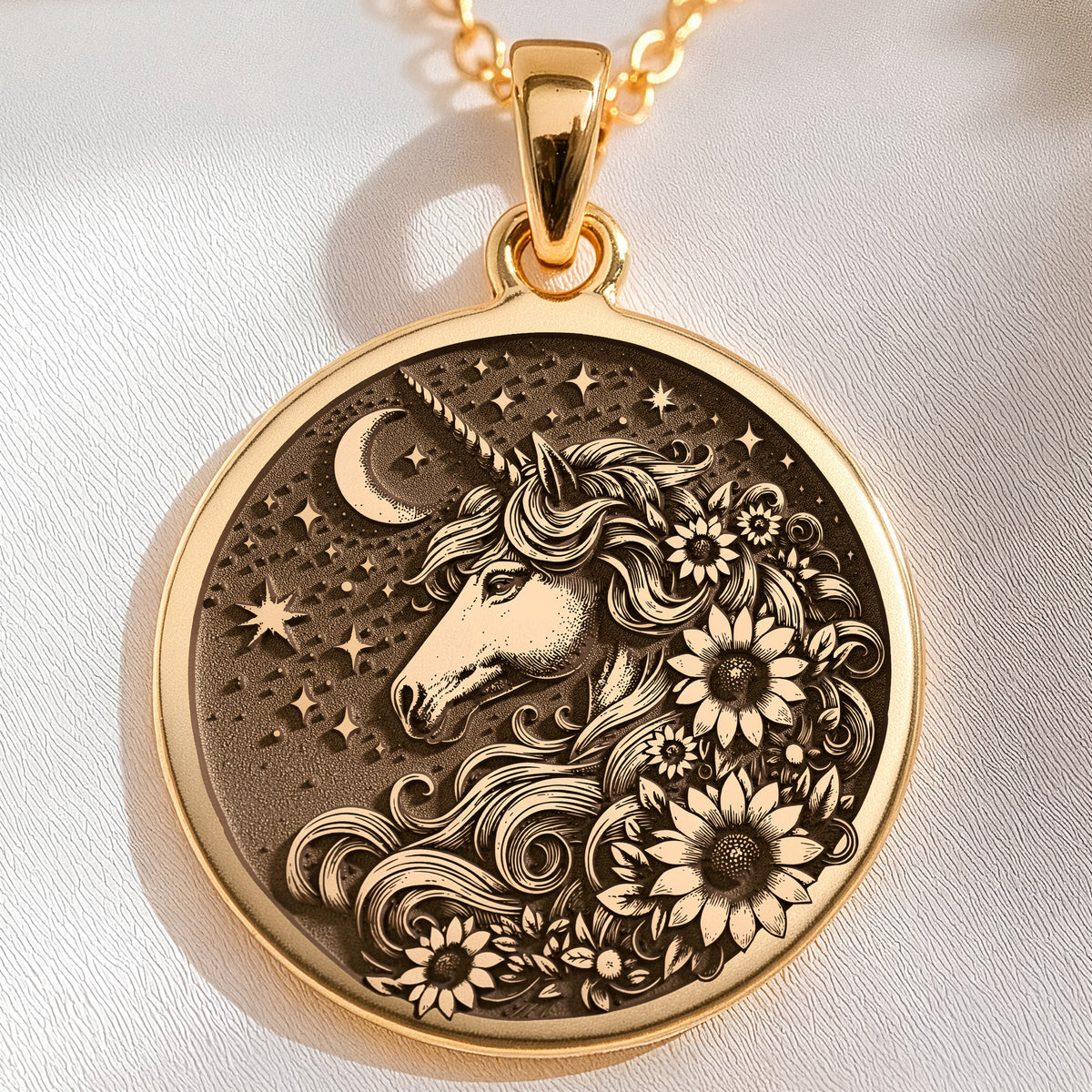 Magic Unicorn Floral Charm Pendant Necklaces 14K 14K Gold Plated plated horse head pendant with floral wreath and crescent moon design