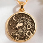 Magic Unicorn Floral Charm Pendant Necklaces 14K 14K Gold Plated plated horse head pendant with floral wreath and crescent moon design