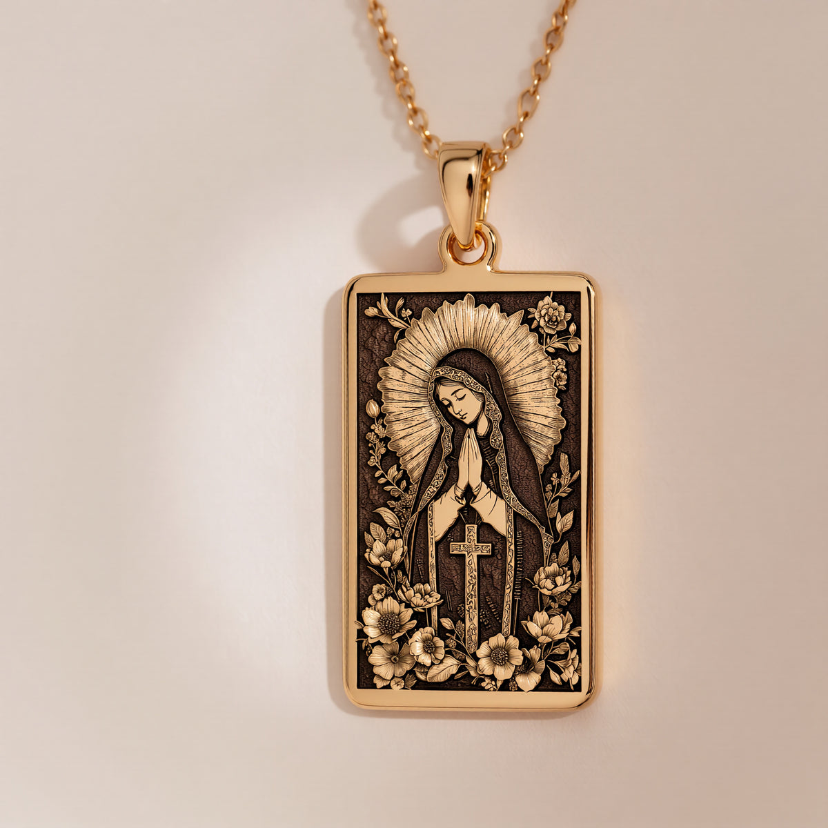 Virgin Mary Blessed Mother Charm Necklace | 14K Solid Gold - Spiritual Protection Catholic Faith