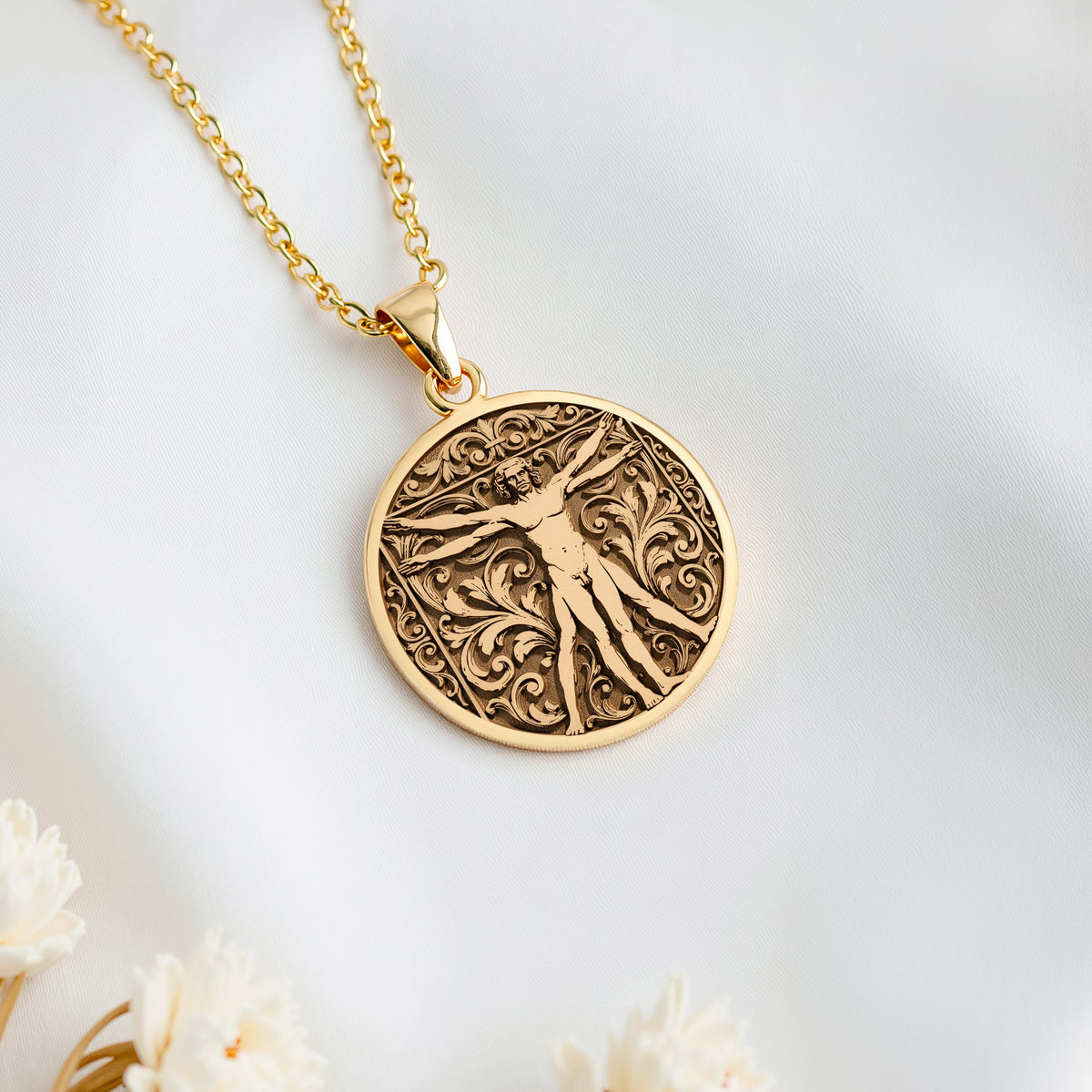 Vitruvian Man Art Pendant | 14K Solid Gold - Renaissance Style Divine Symbol