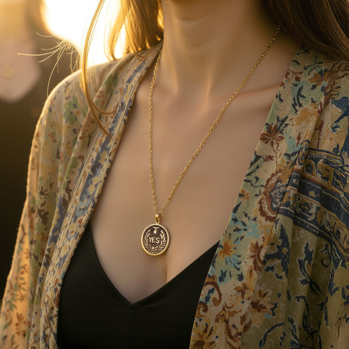 14K Solid Gold YES Medallion featuring powerful affirmation surrounded by wheat laurels and celestial motifs. Detailed empowerment talisman with sun, moon, bird and botanical symbols.Symbolizing positive decisions and abundant manifestation.