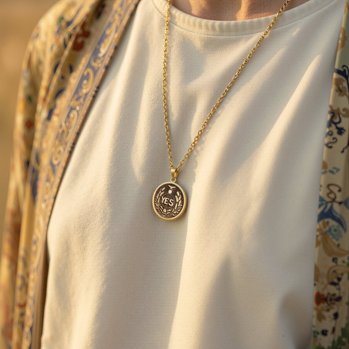 14K Solid Gold YES Medallion featuring powerful affirmation surrounded by wheat laurels and celestial motifs. Detailed empowerment talisman with sun, moon, bird and botanical symbols.Symbolizing positive decisions and abundant manifestation.
