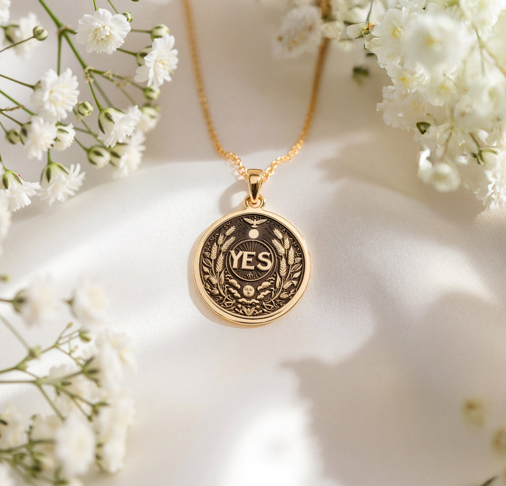 14K Gold Plated YES Medallion with empowering message and symbolic elements. Detailed affirmation pendant with laurel wreath, celestial motifs and flying bird symbol.