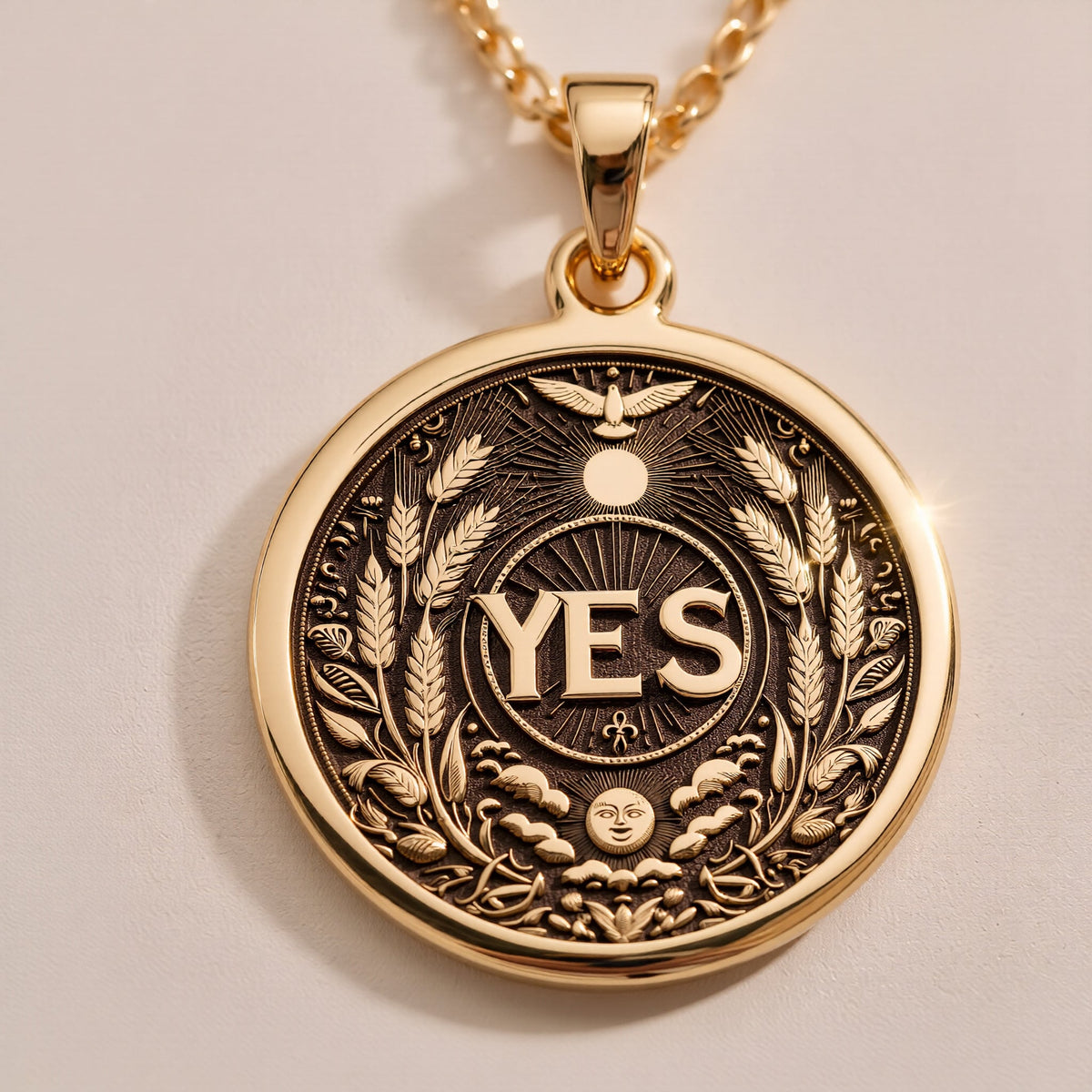 925 Sterling Silver YES Medallion showcasing powerful affirmation with abundance symbols. Detailed positive coin pendant with wheat laurels, sun, moon and bird motifs. Premium empowerment jewelry symbolizing decisiveness and forward momentum.