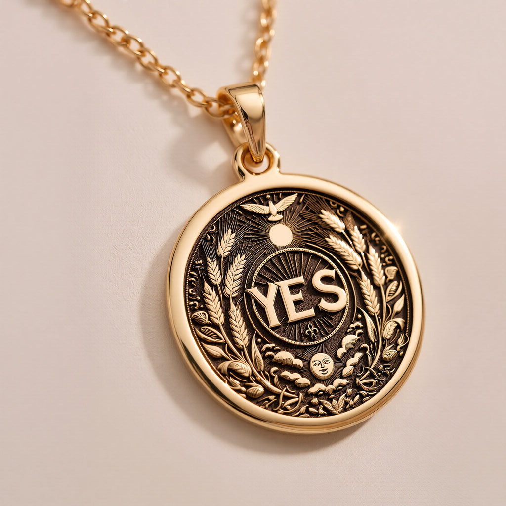 925 Sterling Silver YES Pendant with detailed affirmation design. Handcrafted silver coin charm featuring empowering word surrounded by wheat, celestial elements and flying bird. Motivation jewelry celebrating positive decisions and new beginnings.