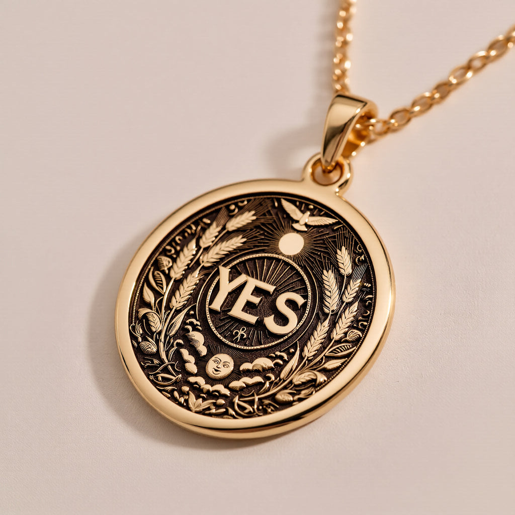 Rose Gold Plated YES Medallion featuring powerful affirmation surrounded by laurel wreath and celestial symbols. Elegant empowerment jewelry with detailed botanical and spiritual elements.