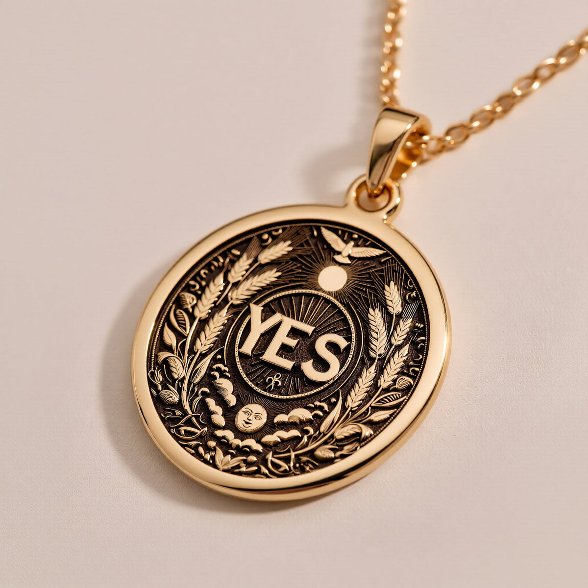 Rose Gold Plated YES Medallion featuring powerful affirmation surrounded by laurel wreath and celestial symbols. Elegant empowerment jewelry with detailed botanical and spiritual elements.