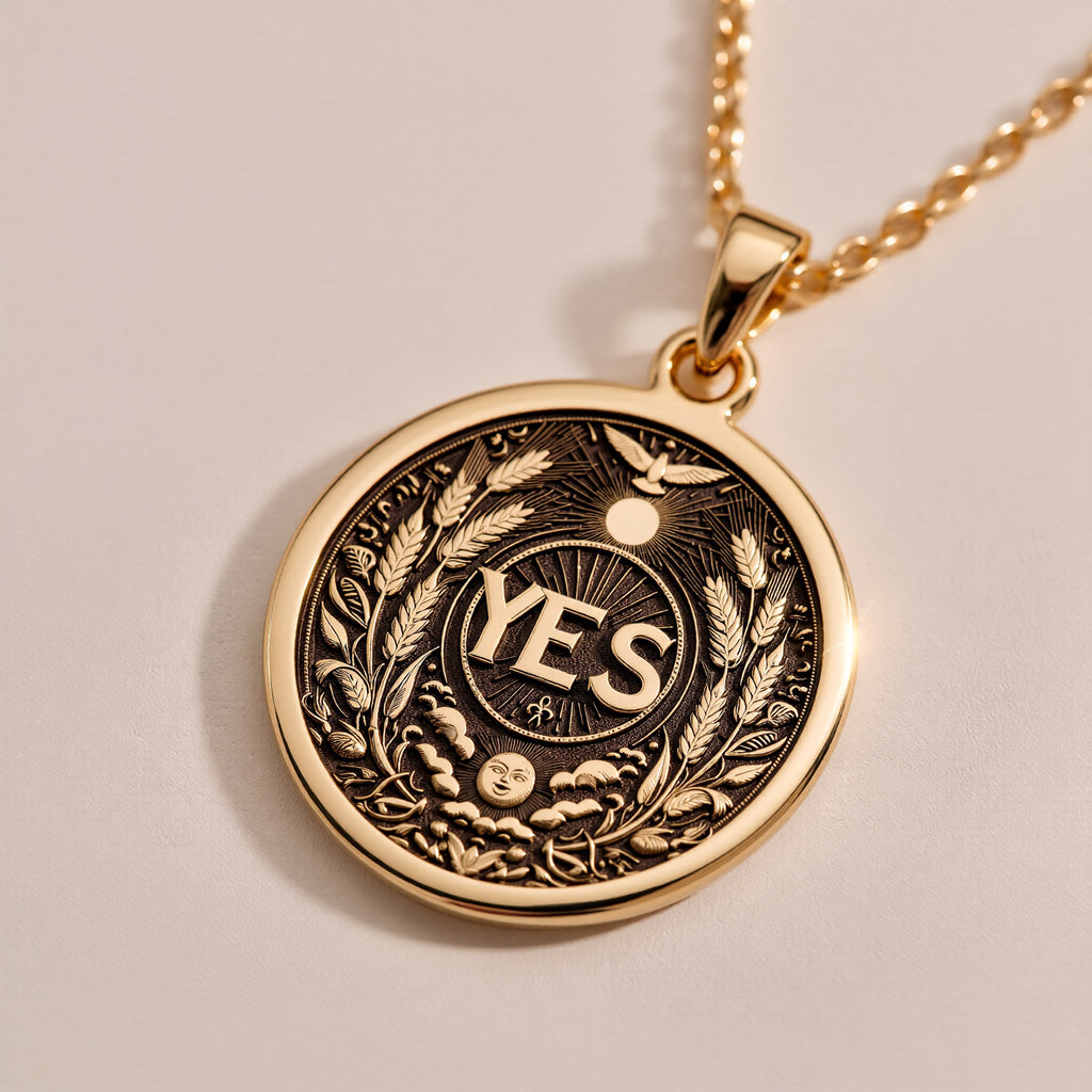 Rose Gold Plated YES Pendant with positive affirmation design. Warm-toned empowerment medallion with detailed laurel wreath, sun, moon and bird motifs. Manifestation jewelry celebrating decisiveness and spiritual alignment, perfect for new chapters.