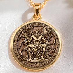 14K solid gold Zeus Greek God Medallion Necklace, polished ancient mythology protection talisman jewelry.