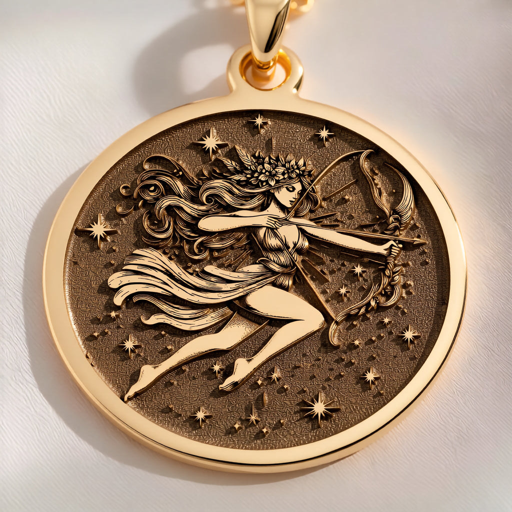 Extreme macro close-up of the 14K solid gold Sagittarius constellation medallion showing celestial stars and archer relief.