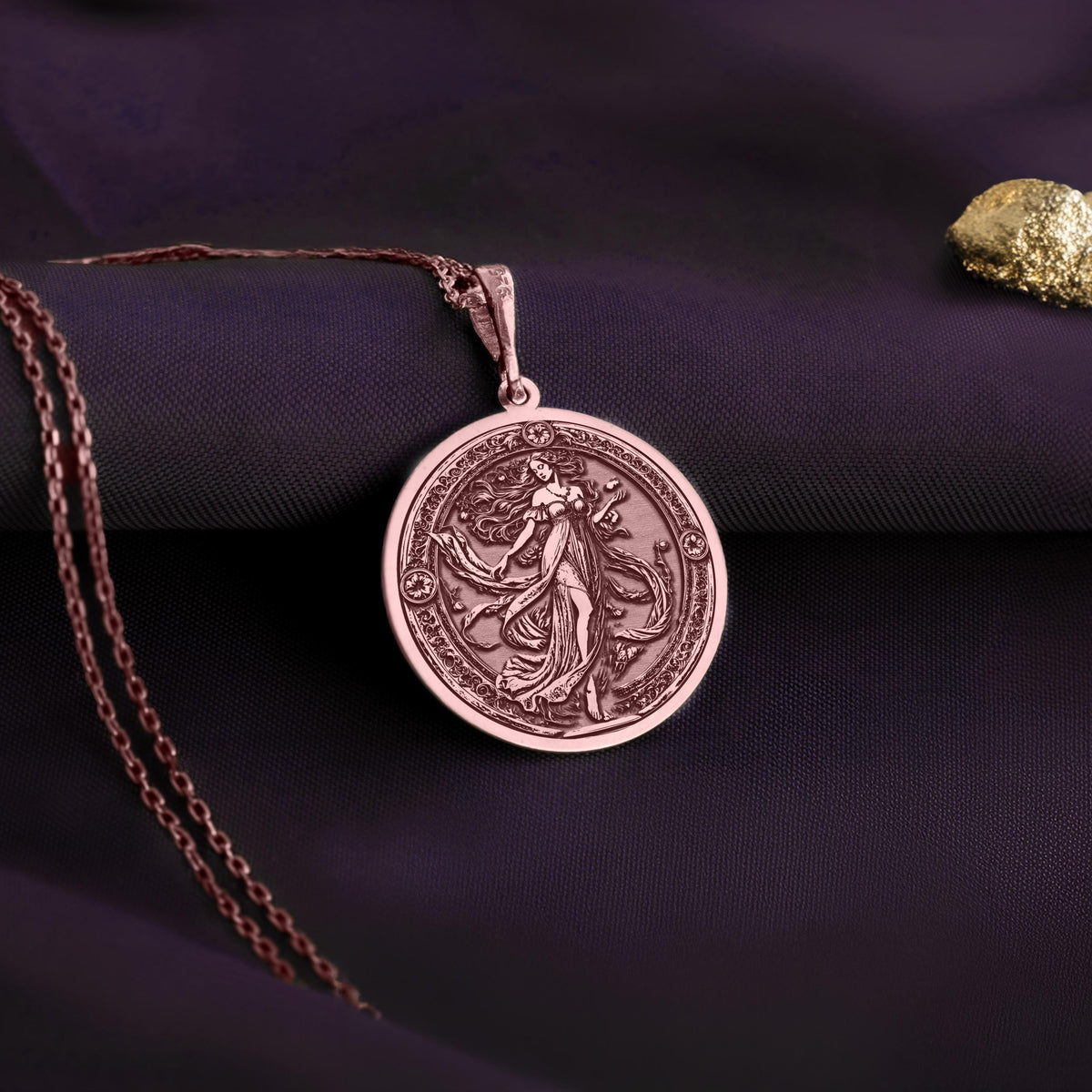 Persephone necklace, celestial goddess medallion, and Greek mythology pendant. This witchy statement piece embodies Persephone’s power, love, and transformation, with a pomegranate amulet representing rebirth and fate. Ideal for goddess worshippers, celestial fashion lovers, and seekers of symbolic jewelry with deep meaning.