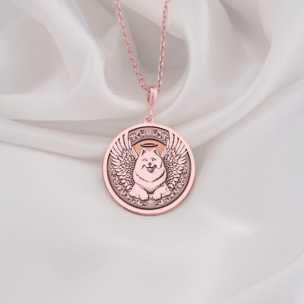 Rose Gold Plated Samoyed Angel Dog Medallion featuring beloved arctic breed with heavenly wings and halo. Elegant memorial jewelry with detailed fluffy white coat and ornate decorative border. Warm-toned rainbow bridge talisman for Samoyed loss.