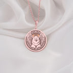 Rose Gold Plated Samoyed Angel Dog Medallion featuring beloved arctic breed with heavenly wings and halo. Elegant memorial jewelry with detailed fluffy white coat and ornate decorative border. Warm-toned rainbow bridge talisman for Samoyed loss.