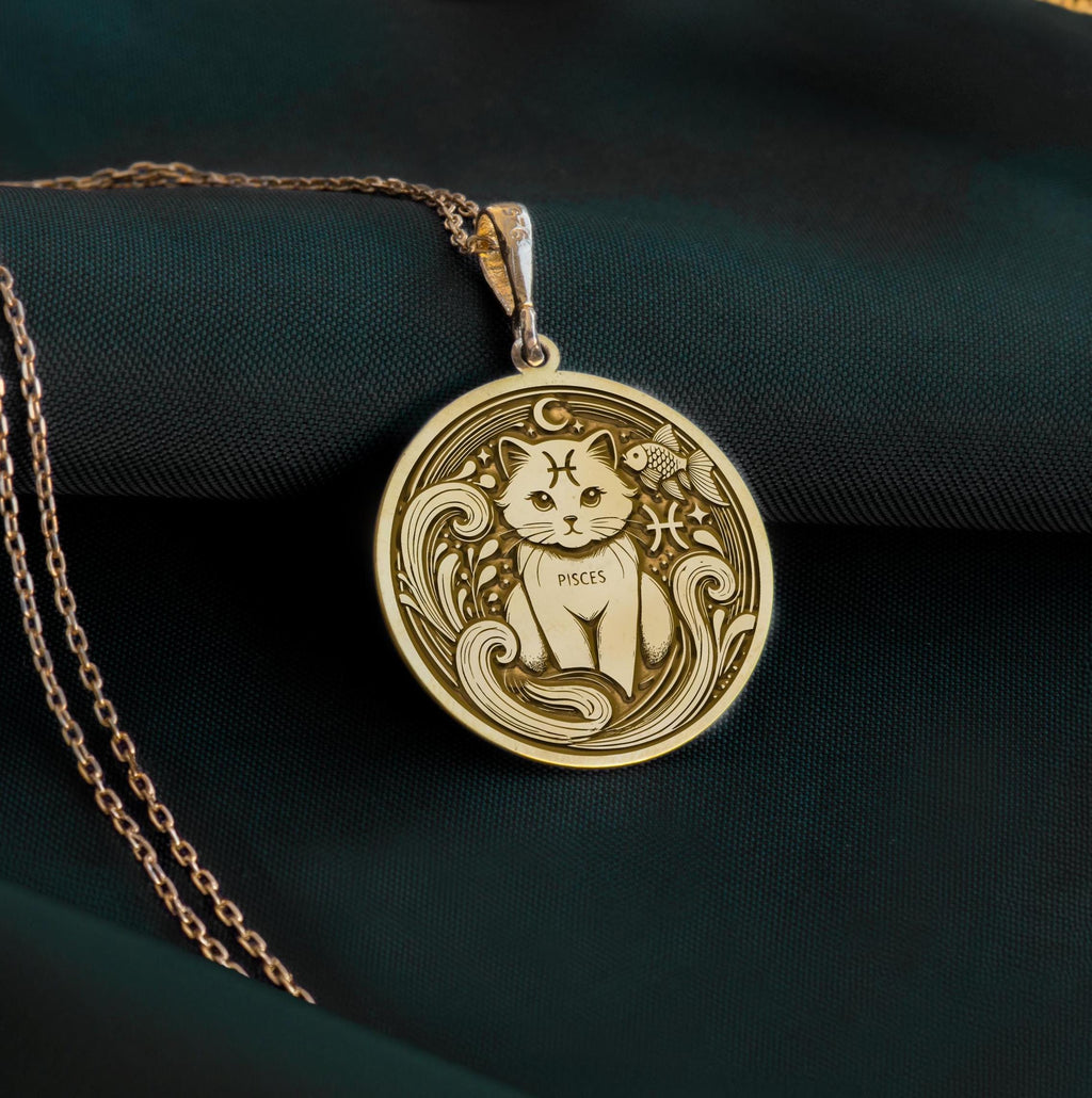 Gold plated Pisces Zodiac necklace with a handcrafted pendant featuring an elegant cat design. Ideal astrology jewelry gift for women, perfect for birthdays, horoscopes, and personalized keepsakes.