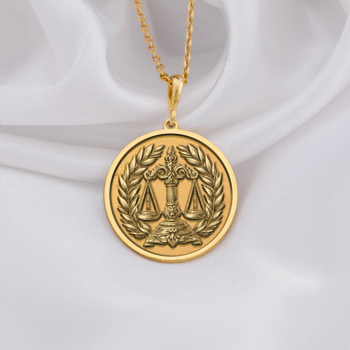 14K solid gold Scales of Justice Necklace, personalized with initials or date. Perfect lawyer gift, symbolizes justice, law, balance, equality. Ideal for lawyers, judges, advocates, law school graduates, and Libra zodiac. Custom legal jewelry.