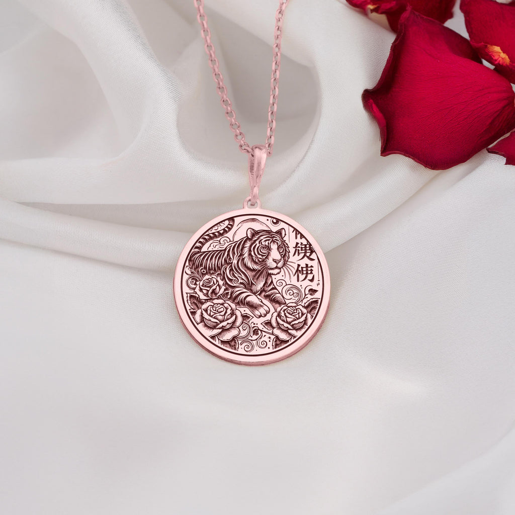 Rose Gold Plated Tiger Pendant Necklace with a floral tiger design. A thoughtful gift for men and women, blending elegance and symbolism, perfect for special occasions or as a Chinese Zodiac inspired keepsake.