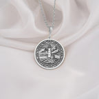 925 925 Sterling Silver Lighthouse Coastal Beacon Medallion Pendant Necklaces Silver-toned metal lighthouse engraving pendant necklace with a round shape.