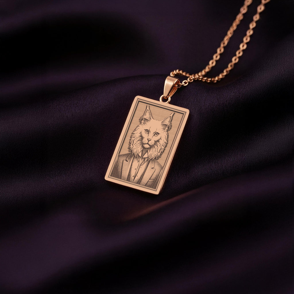 Rose Gold Plated Turkish Angora necklace, part of The Ancestors Collection, with an elegant engraved portrait of a cat in a vintage suit.