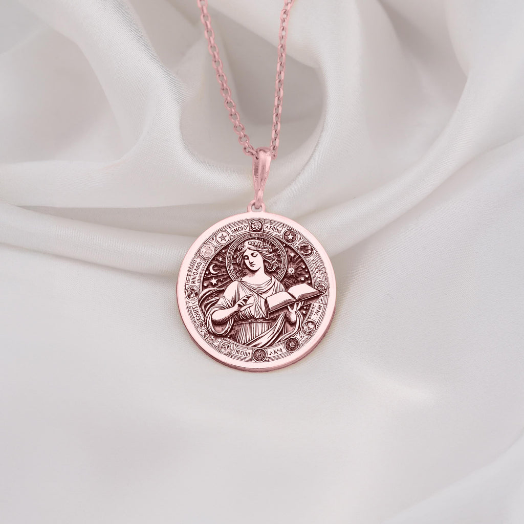 Rose Gold Plated Mnemosyne Necklace, a stunning mythology-inspired piece representing memory and creativity. Ideal for elegant and meaningful gifts.