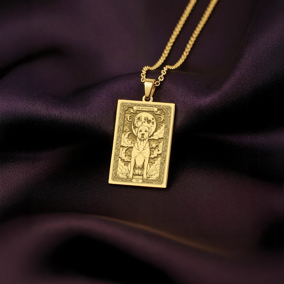 An heirloom-quality 14K solid gold Rottweiler tarot pendant. The art shows the guardian dog under the moon, symbolizing loyalty, a precious dog mom gift.