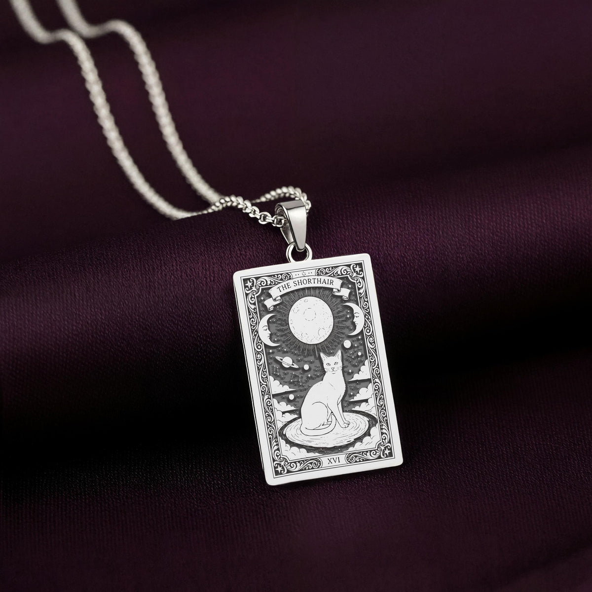 Cat Paw Print Tarot Charm Necklace Pendants 925 925 Sterling Silver rectangular pendant featuring a cat and crescent moon design on a dark fabric background.