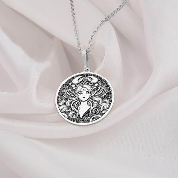 zodiac Cancer Sign Woman Necklace in 925 Sterling Silver. Celestial zodiac necklace designed for astrology lovers. Thoughtful birthday gift or keepsake jewelry piece for Cancer sign women. Elegant and timeless silver horoscope pendant.