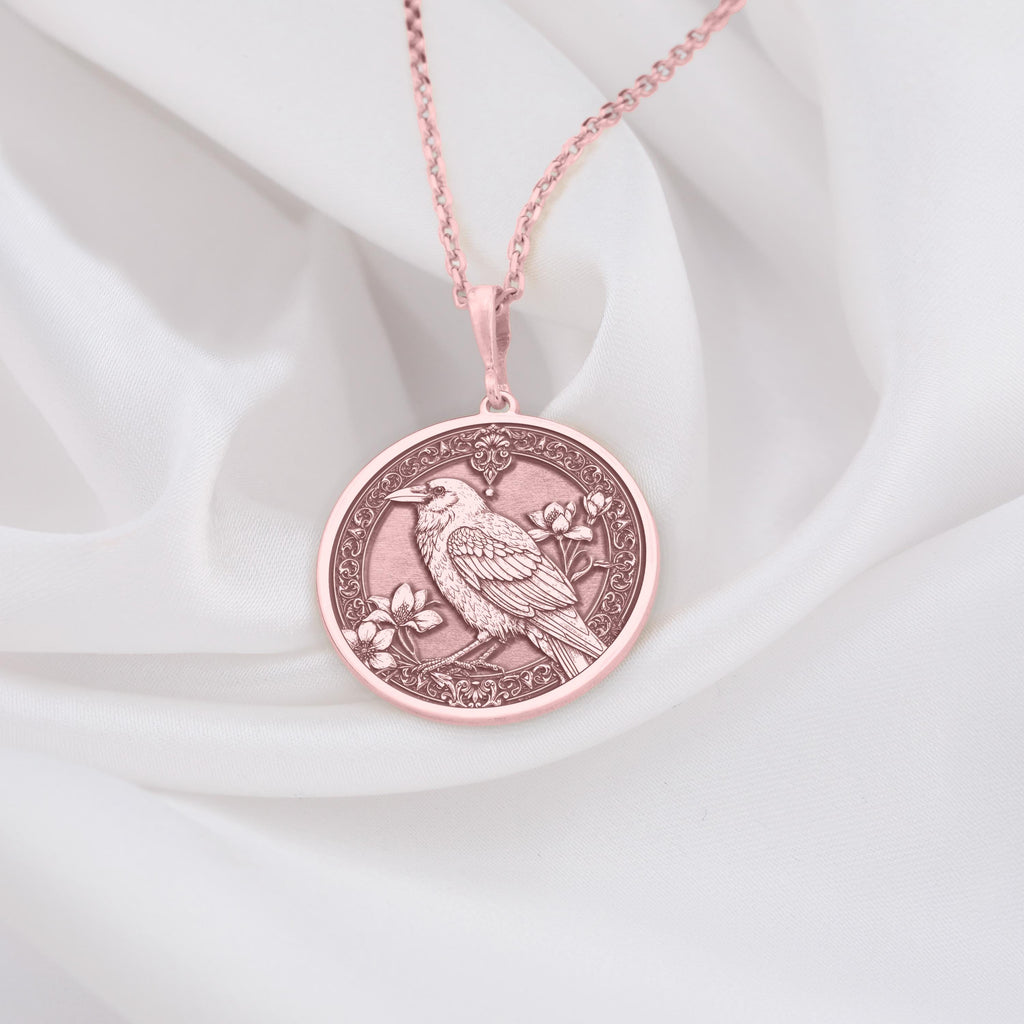 Unique rose Gold Raven bird pendant necklace , gothic bird pendant jewelry, antique style crow medallion, bird medallion necklace, gothic raven pendant, raven totem necklace, crow familiar jewelry, black raven pendant, celtic raven bird jewelry, victorian style crow pendant