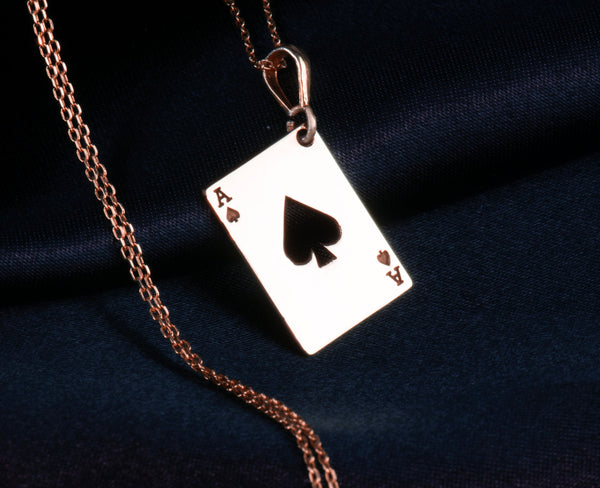 Rose gold plated Ace of Spades rectangle playing card necklace, minimalist charm, resilience symbol, delicate layering, lightweight for everyday wear, unique boho gift, handcrafted with elegance, timeless and versatile.