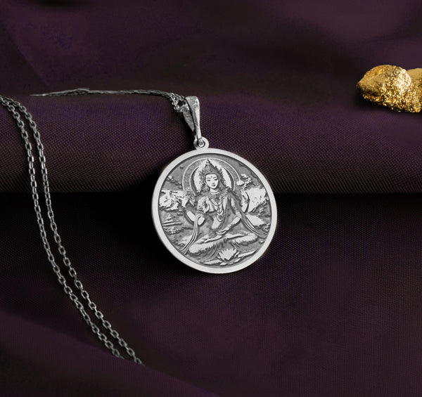 Buddhist Bodhisattva Tara Silver Pendant necklace featuring a detailed pendant of the Buddhist goddess, symbolizing compassion and protection. Tara coin pendant This luxurious piece combines spiritual significance with timeless style, perfect for those seeking meaningful jewelry.