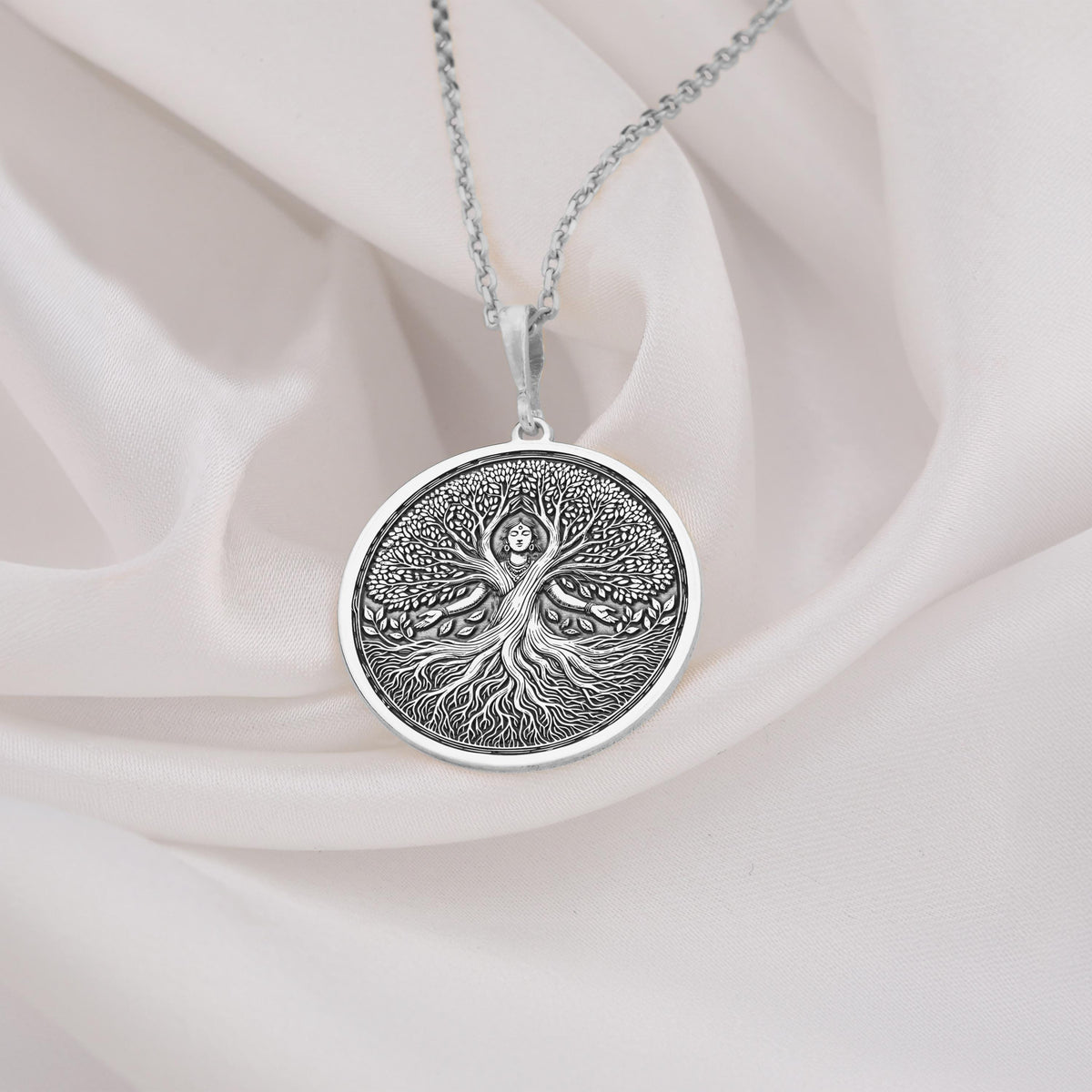 925 Sterling Silver Tree of Life pendant necklace, designed with a celestial Mother Earth motif. A perfect silver sacred feminine charm, symbolizing renewal, fertility, and strength.