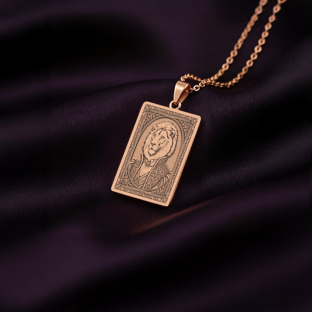 A unique rose gold plated rectangular necklace with a custom engraved portrait of the King of Beasts. The detailed artwork is a powerful symbol of courage and strength, a perfect gift for him.