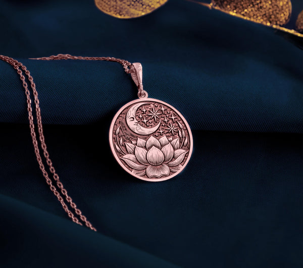 Rose Gold Plated Lotus Crescent Moon Necklace, dainty handmade jewelry for women. Boho-inspired celestial pendant with a spiritual touch. A beautiful and meaningful gift for her, ideal for any occasion.