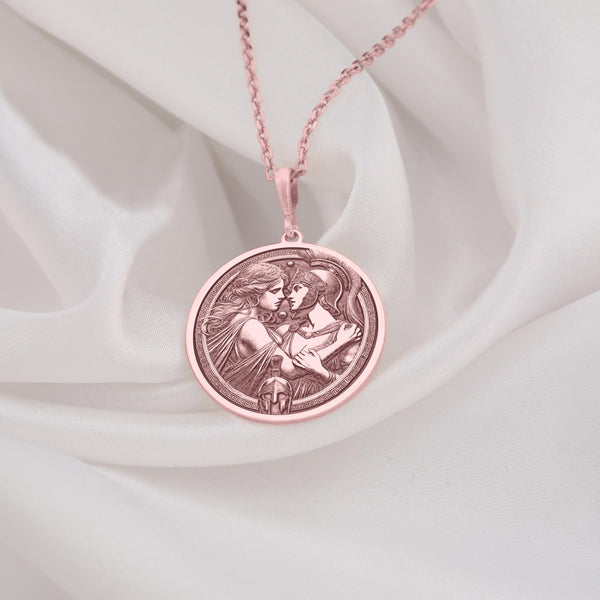 rose gold Antiope and Theseus double venus necklace pendant, mythology-inspired jewelry with intricate detailing, symbolizing love, strength, and timeless passion.
