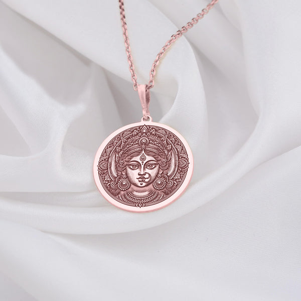 Rose gold plated Durga necklace, Shakti goddess charm, Parvati-inspired amulet, Kali protection pendant, boho style, Hindu spiritual jewelry, dainty gift, handcrafted, feminine symbol, layering pendant, resilience, everyday wear.