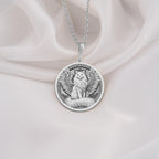 Sterling Silver Turkish Angora Angel Pendant with detailed memorial design. Handcrafted silver coin charm featuring beloved elegant breed with wings, halo and ornate elements. Rainbow bridge jewelry celebrating eternal bond.