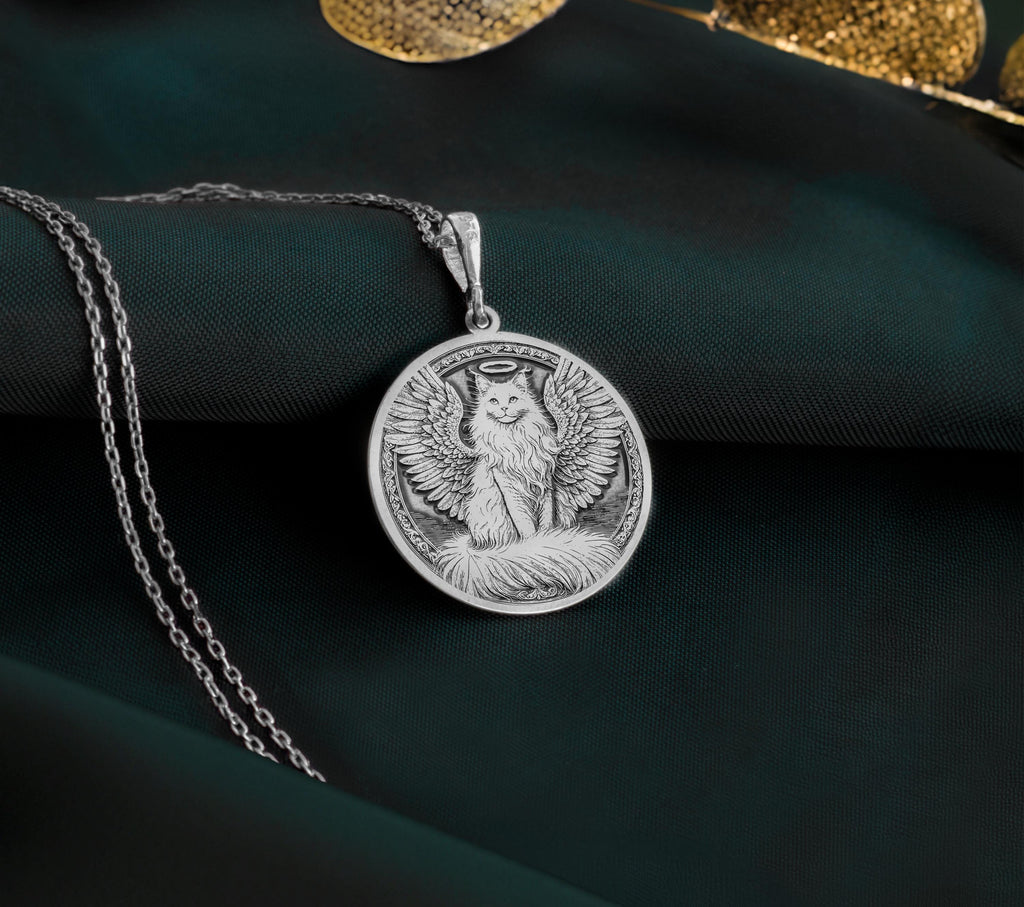 925 Sterling Silver Turkish Angora Angel Cat Medallion showcasing beloved long-haired breed with angel wings and heavenly halo. Detailed memorial coin pendant with silky coat and elegant features. Premium Angora cat loss jewelry.