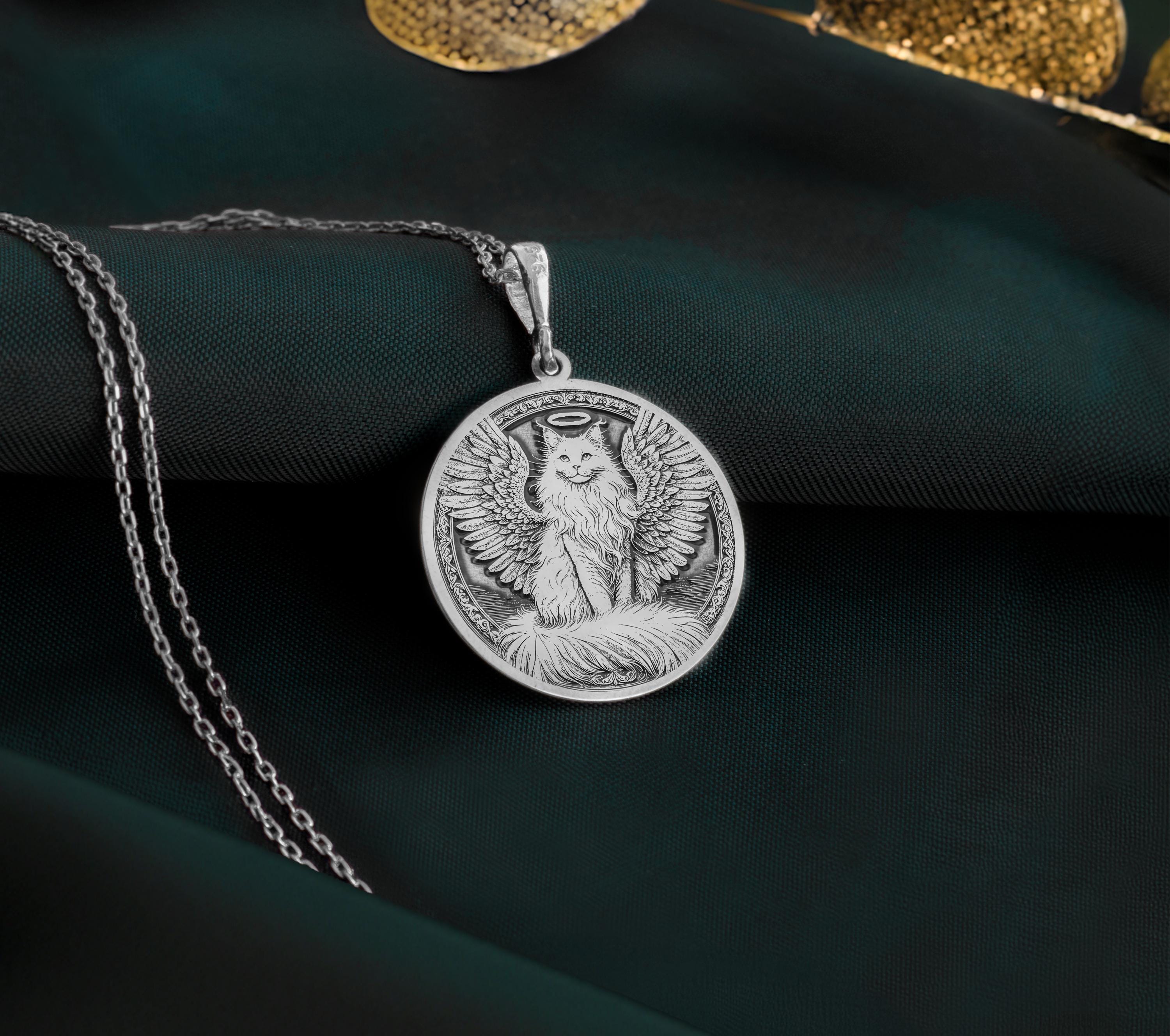 925 Sterling Silver Turkish Angora Angel Cat Medallion showcasing beloved long-haired breed with angel wings and heavenly halo. Detailed memorial coin pendant with silky coat and elegant features. Premium Angora cat loss jewelry.