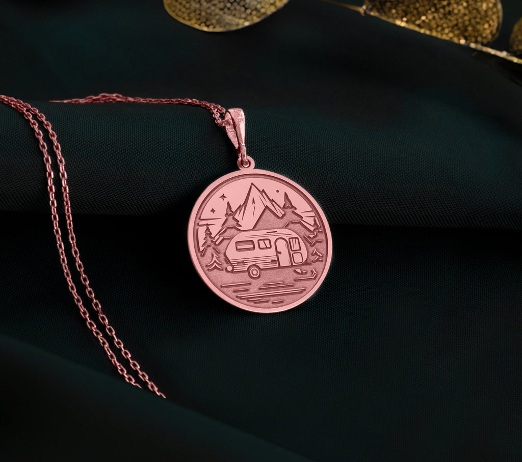 14K Solid Gold Camping Charm Necklace, Nature Silver Pendant, Rose Gold Fire Necklace, Camping Jewelry, Caravan Medallion, Relaxing Charm