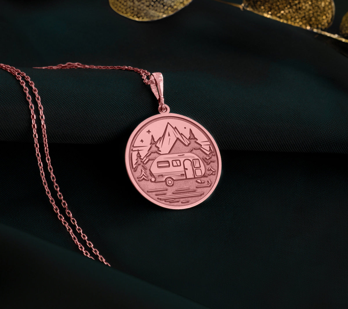 14K Solid Gold Camping Charm Necklace, Nature Silver Pendant, Rose Gold Fire Necklace, Camping Jewelry, Caravan Medallion, Relaxing Charm