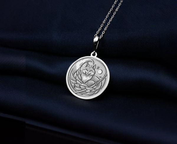 14K Solid Gold Kitsune Fox Charm Necklace, Kitsune Fox Silver Pendant, Japanese Fox Jewelry Mythology Pendant, Kitsune Mystic Fox Necklace