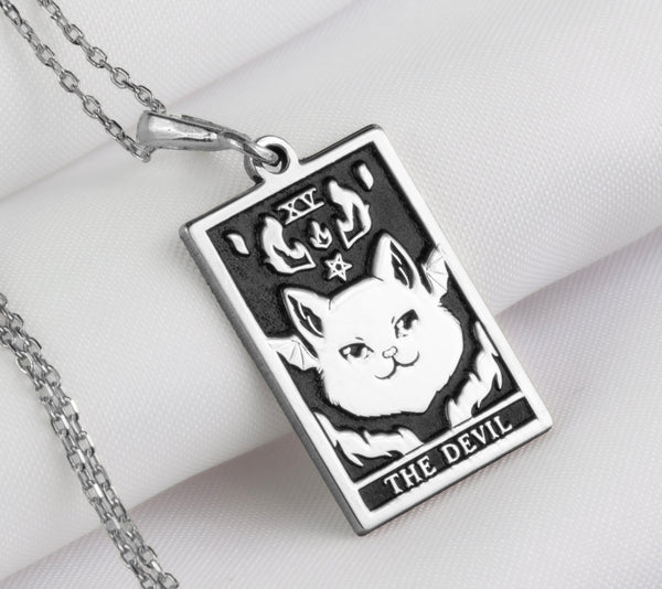 14 K Solid Gold The Devil Tarot Necklace, The Devil Silver Charm Necklace, The Devil Cat Necklace, Satan Cat Necklace