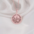 Rose Gold Plated Saint Dionysius Areopagite Medallion featuring revered Orthodox saint with holy book and celestial halo surrounded by sacred crosses. Elegant religious jewelry with detailed Christian symbolism. Warm-toned faith talisman.