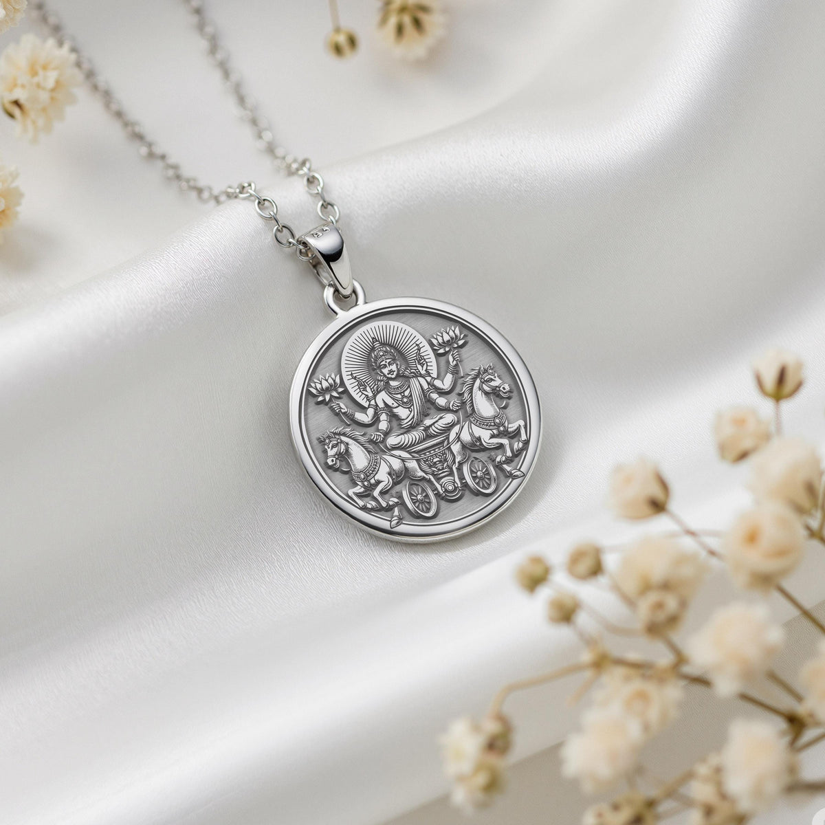 Crisp 925 sterling silver Surya emblem radiating cosmic insight, crafted for Vedic chronicle devotees – explore hypoallergenic mythology jewelry.