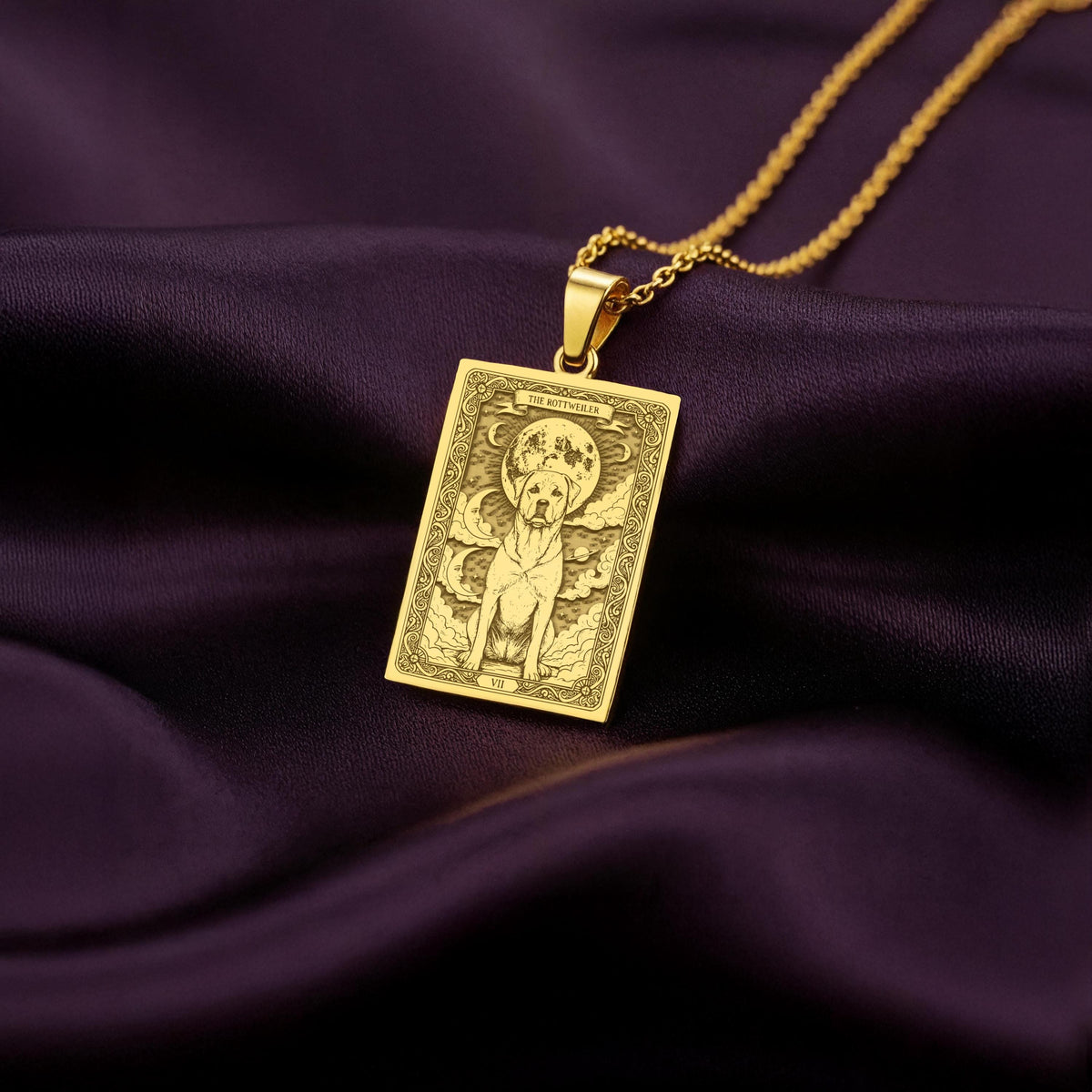 A polished 14K solid gold Rottweiler medallion. This fine pet jewelry represents the breed's noble strength, making it a perfect Rottie lover gift.