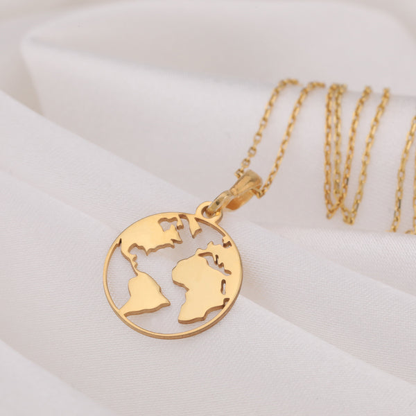 14K Solid Gold World Map Necklace, Silver Globetrotter Necklace, Earth Necklace, World Jewelry, Gold Enamel World Medallion, Dainty World