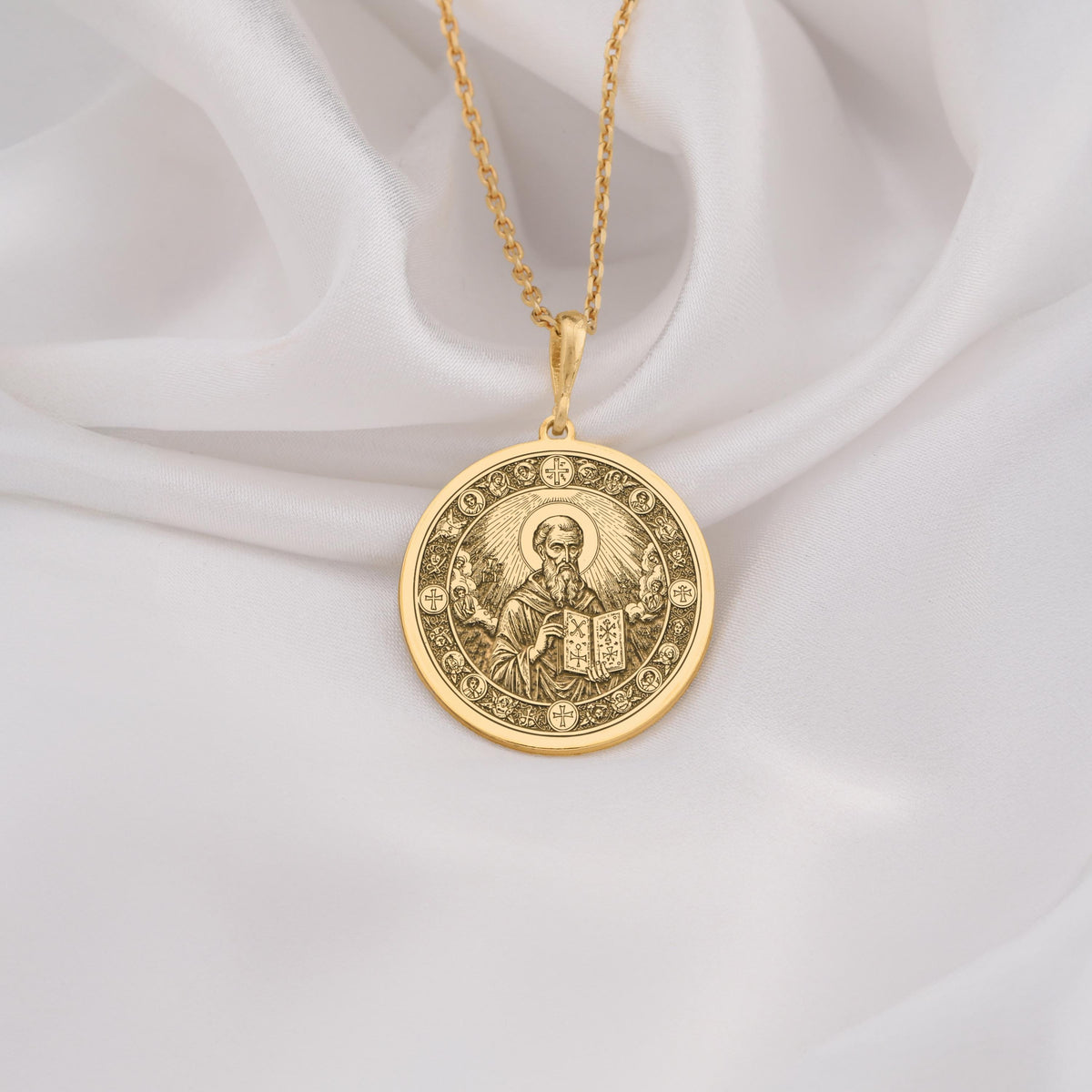 14K Solid Gold Saint Dionysius Areopagite Medallion featuring revered Orthodox saint with holy book and celestial halo surrounded by sacred crosses. Detailed religious talisman with Christian symbolism. Luxury Orthodox jewelry for divine protection.