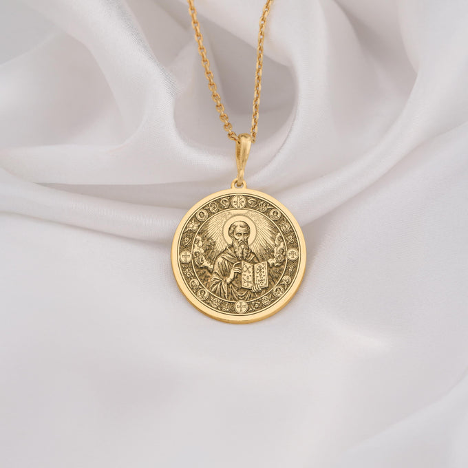 14K Solid Gold Saint Dionysius Areopagite Medallion featuring revered Orthodox saint with holy book and celestial halo surrounded by sacred crosses. Detailed religious talisman with Christian symbolism. Luxury Orthodox jewelry for divine protection.